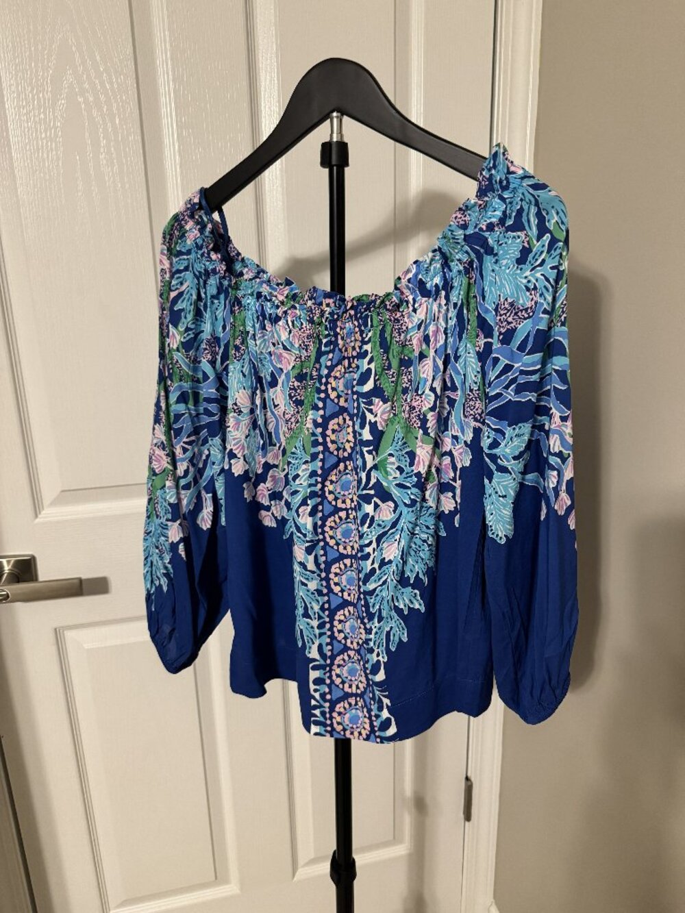 Lilly Pulitzer Aimes long-sleeve off the shoulder top in the Barton Blue Seacret